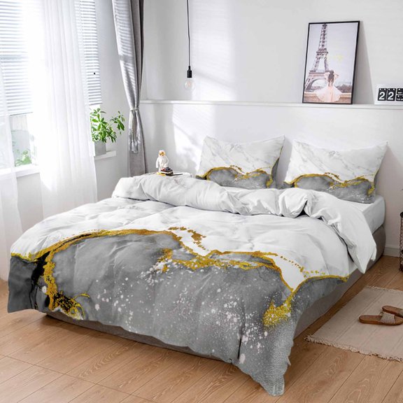 Cal King 4 Piece Bedding Set Grey Marble Gold Stripe Soft Breathable Duvet Cover and Pillowcase,Luxury Modern Art Duvet Cover Set Washable Bed Sheets for Bedroom Dormitory Guest Room