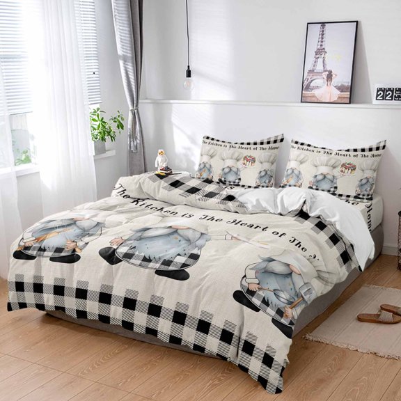 Cal King 4 Piece Bedding Set Kitchen Chef Dwarf Cake Soft Breathable Duvet Cover and Pillowcase,Black White Plaid Retro Linen Duvet Cover Set Washable Bed Sheets for Bedroom Dormitory Guest Room