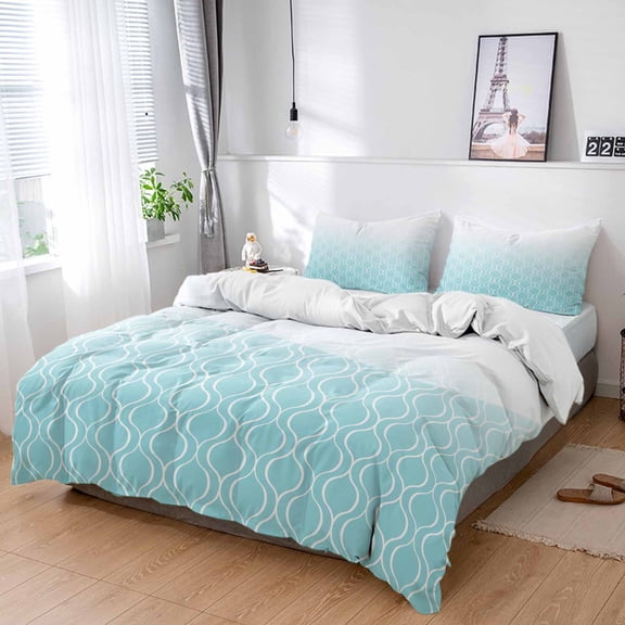 Cal King 4 Piece Bedding Set Light Blue Gradient Grid Soft Breathable Duvet Cover and Pillowcase,Abstract Geometric Duvet Cover Set Washable Bed Sheets for Bedroom Dormitory Guest Room
