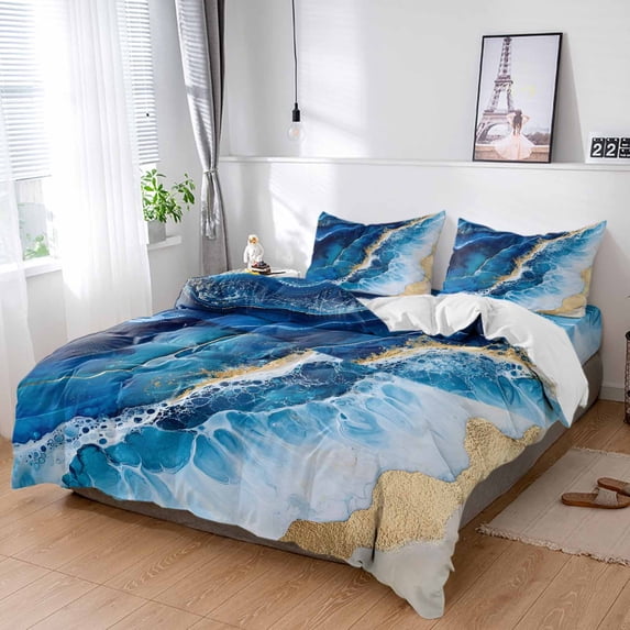 Cal King 4 Piece Bedding Set Modern Abstract Beach Sand Wave Soft Breathable Duvet Cover and Pillowcase,Gold Blue Marble Texture Duvet Cover Set Washable Bed Sheets for Bedroom Dormitory Guest Room