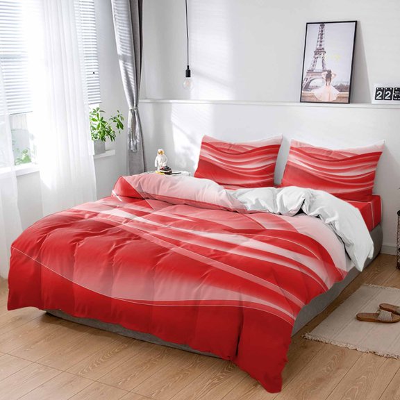 Cal King 4 Piece Bedding Set Modern Abstract Ocean Waves Lines Soft Breathable Duvet Cover and Pillowcase,Gradient Red Duvet Cover Set Washable Bed Sheets for Bedroom Dormitory Guest Room