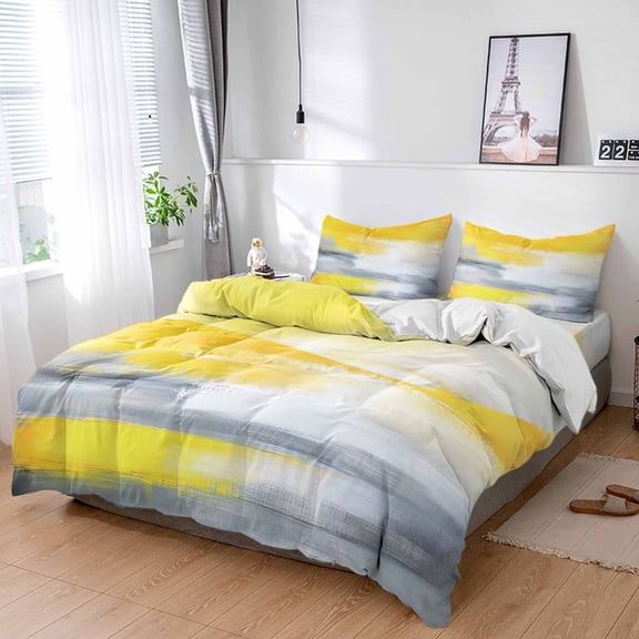 Cal King 4 Piece Bedding Set Modern Minimalist Yellow Gray Soft Breathable Duvet Cover and Pillowcase,Abstract Blurry Color Block Duvet Cover Set Washable Bed Sheets for Bedroom Dormitory Guest Room