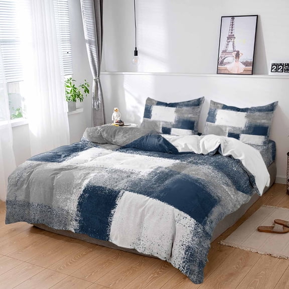 Cal King 4 Piece Bedding Set Navy Blue Color Block Oil Painting Soft Breathable Duvet Cover and Pillowcase,Abstract Geometric Duvet Cover Set Washable Bed Sheets for Bedroom Dormitory Guest Room