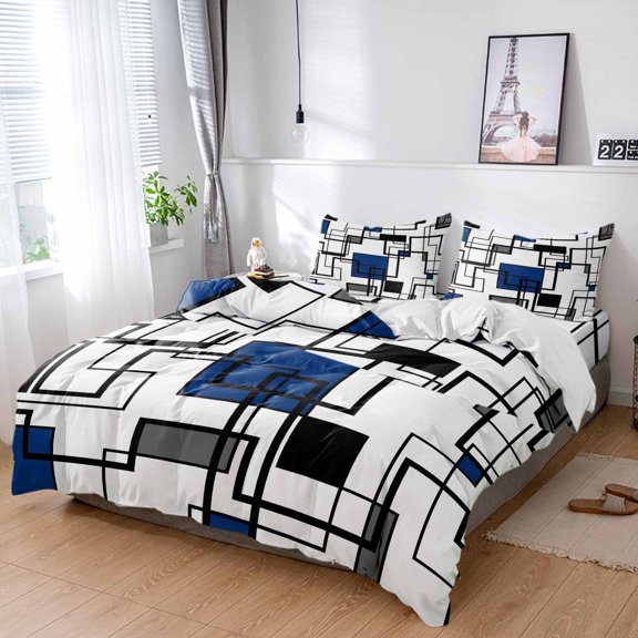 Cal King 4 Piece Bedding Set Navy Blue Color Block Soft Breathable Duvet Cover and Pillowcase,Abstract Stripes Black Line Duvet Cover Set Washable Bed Sheets for Bedroom Dormitory Guest Room
