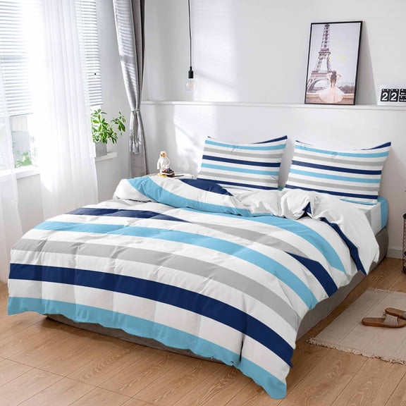 Cal King 4 Piece Bedding Set Navy Blue Gradient Stripes Soft Breathable Duvet Cover and Pillowcase,Geometric Gray Line Duvet Cover Set Washable Bed Sheets for Bedroom Dormitory Guest Room