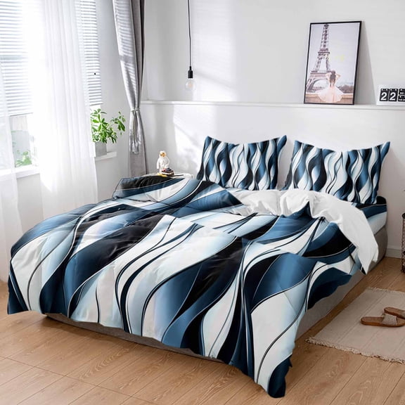 Cal King 4 Piece Bedding Set Navy Blue Gradient Stripes Soft Breathable Duvet Cover and Pillowcase,Twist Abstract Line Duvet Cover Set Washable Bed Sheets for Bedroom Dormitory Guest Room