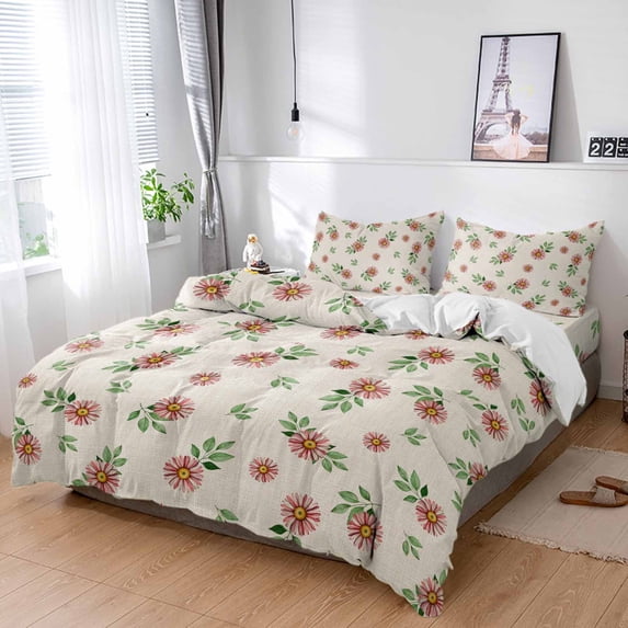 Cal King 4 Piece Bedding Set Pastoral Flower Leaves Seamless Soft Breathable Duvet Cover and Pillowcase,Retro Linen Duvet Cover Set Washable Bed Sheets for Bedroom Dormitory Guest Room