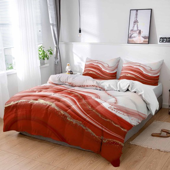 Cal King 4 Piece Bedding Set Red Gradient Marble Art Soft Breathable Duvet Cover and Pillowcase,Ombre Stripe Duvet Cover Set Washable Bed Sheets for Bedroom Dormitory Guest Room