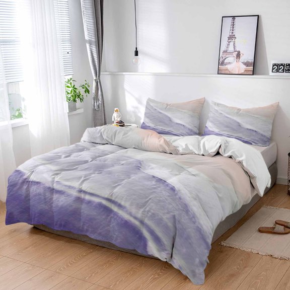 Cal King 4 Piece Bedding Set Summer Beach Sand Waves Purple Gradient Soft Breathable Duvet Cover and Pillowcase,Water Ripple Duvet Cover Set Washable Bed Sheets for Bedroom Dormitory Guest Room