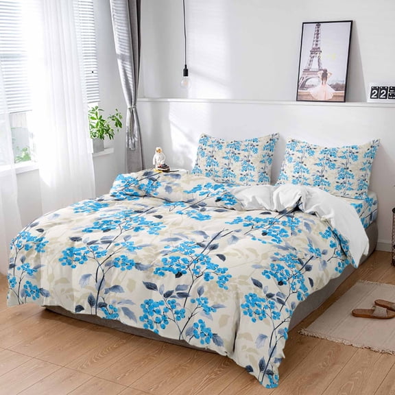Cal King 4 Piece Bedding Set Summer Summer Blue Berry Grey Leaves Soft Breathable Duvet Cover and Pillowcase,Watercolor Beige Duvet Cover Set Washable Bed Sheets for Bedroom Dormitory Guest Room