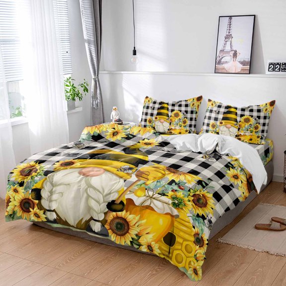 Cal King 4 Piece Bedding Set Sunflower Dwarf Bee Green Leaves Soft Breathable Duvet Cover and Pillowcase,Black White Checkered Duvet Cover Set Washable Bed Sheets for Bedroom Dormitory Guest Room