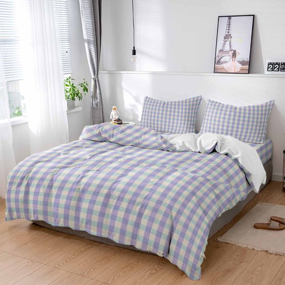 Cal King 4 Piece Bedding Set Vintage Purple Pink Gingham Check Soft Breathable Duvet Cover and Pillowcase,Watercolor Buffalo Check Duvet Cover Set Washable Bed Sheets for Bedroom Dormitory Guest Room