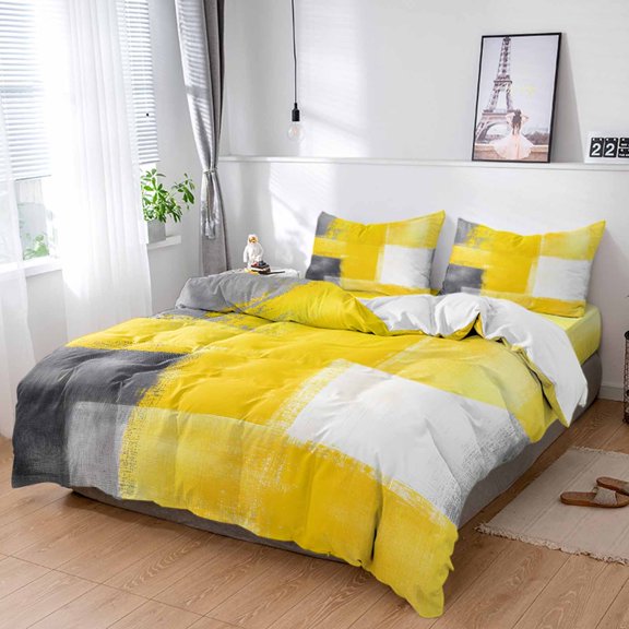 Cal King 4 Piece Bedding Set Vintage Yellow Black White Grey Soft Breathable Duvet Cover and Pillowcase,Abstract Texture Duvet Cover Set Washable Bed Sheets for Bedroom Dormitory Guest Room