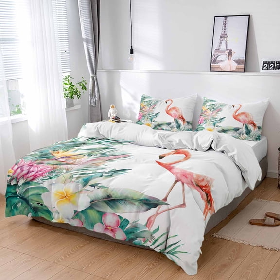 Cal King 4 Piece Bedding Set Watercolor Flamingo Flower Leaves Soft Breathable Duvet Cover and Pillowcase,Tropical Plants Duvet Cover Set Washable Bed Sheets for Bedroom Dormitory Guest Room