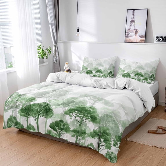 Cal King 4 Piece Bedding Set Watercolor Gradient Forest Soft Breathable Duvet Cover and Pillowcase,Green Natural Scenery Duvet Cover Set Washable Bed Sheets for Bedroom Dormitory Guest Room