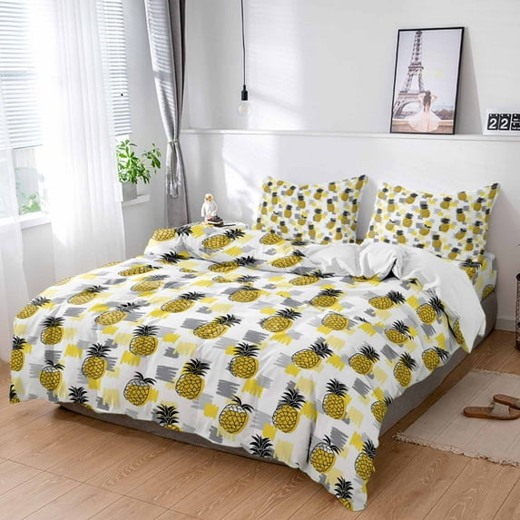 Cal King 4 Piece Bedding Set Watercolor Tropical Pineapple Soft Breathable Duvet Cover and Pillowcase,Abstract Gray Yellow Geometric Duvet Cover Set Bed Sheets for Bedroom Dormitory Guest Room