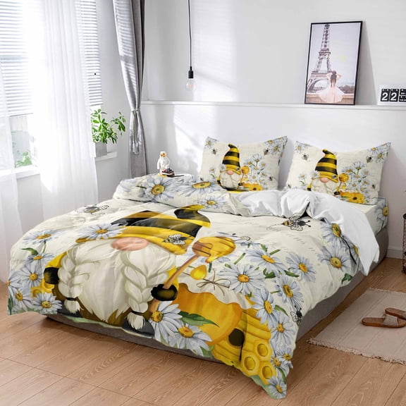 Cal King 4 Piece Bedding Set White Daisy Pastoral Gnome Bee Soft Breathable Duvet Cover and Pillowcase,Summer Honey Hive Duvet Cover Set Washable Bed Sheets for Bedroom Dormitory Guest Room