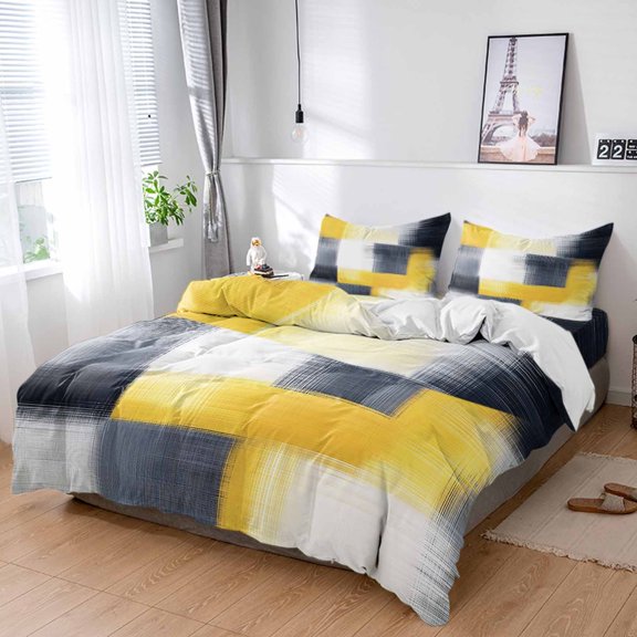 Cal King 4 Piece Bedding Set Yellow Black White Splicing Soft Breathable Duvet Cover and Pillowcase,Gradient Modern Abstract Duvet Cover Set Washable Bed Sheets for Bedroom Dormitory Guest Room
