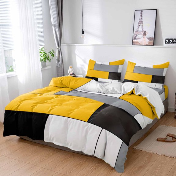 Cal King 4 Piece Bedding Set Yellow Gray Color Block Patchwork Soft Breathable Duvet Cover and Pillowcase,Geometric Minimalist Art Duvet Cover Set Washable Bed Sheets for Bedroom Dormitory Guest Room