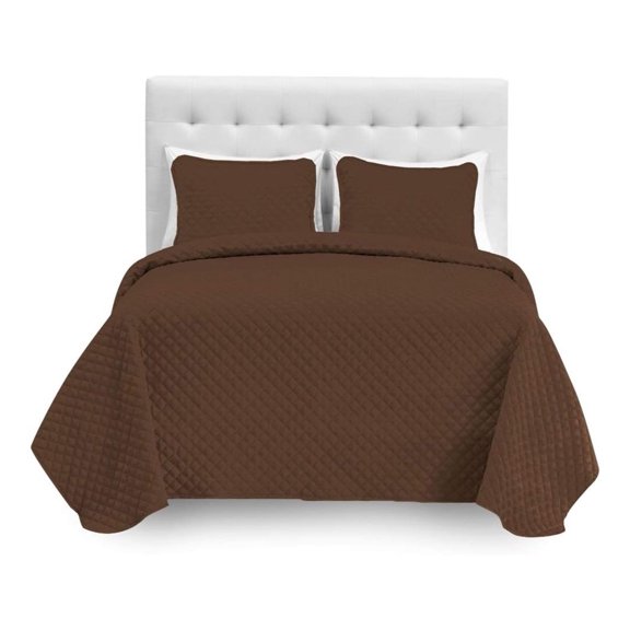 Cal King Coverlet Set + Microfiber Sheet Set - Stitched Lightweight Bedspread - Ultra-Soft Microfiber Sheet Set (Coverlet Set: Cocoa, Sheet Set: White)