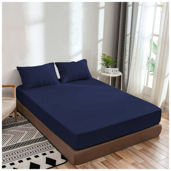Cal-King Fitted Sheet Only, Softest 400 Thread Count 100% Cotton Sateen, Deep Pocket, All-Around Elastic, Navy