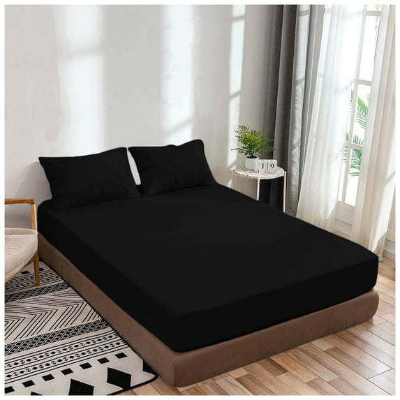 Cal-King Fitted Sheet Only, Softest 400 Thread Count 100% Cotton Sateen, Fits Upto 10" Deep Pocket, All-Around Elastic, Black