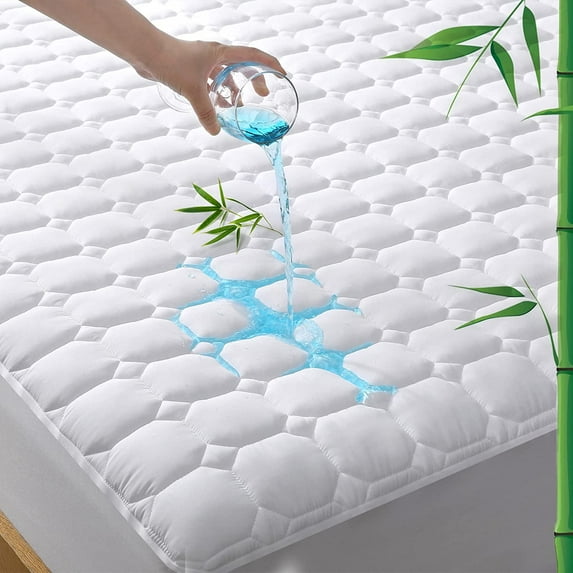 Cal King Mattress Protector Waterproof Rayon from Bamboo, Deep Pocket Mattress Pad Cover Fit up to 6''-21'', Breathable Soft Filling Quilted Fitted Mattress Topper