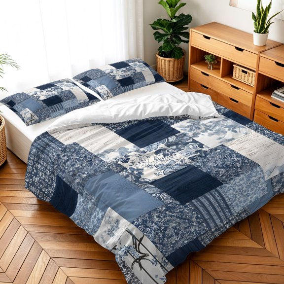 Cal King Size 3 Pieces Duvet Cover Sets Blue Geometric Retro Patchwork Bedding Set,Microfiber Soft Comforter Cover with Pillow Shams,Luxury Quilt Covers for Bedroom Decor Vintage Floral Texture