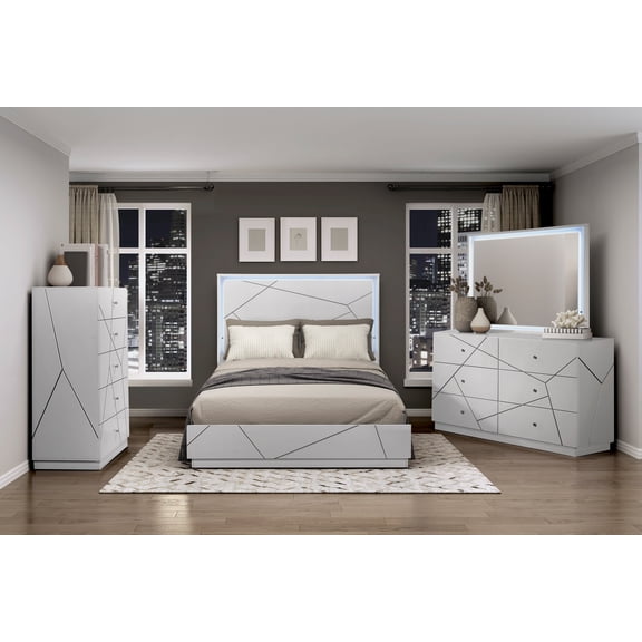 Cal-King Size 4pc Bedroom Set White Finish LED Light Bed Dresser Mirror Chest