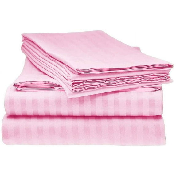 Cal- King Size 6 Piece Sheet Set,600TC, 100% Egyptian Cotton - 14" Deep Pocket Fitted Sheet - Pink Stripe.