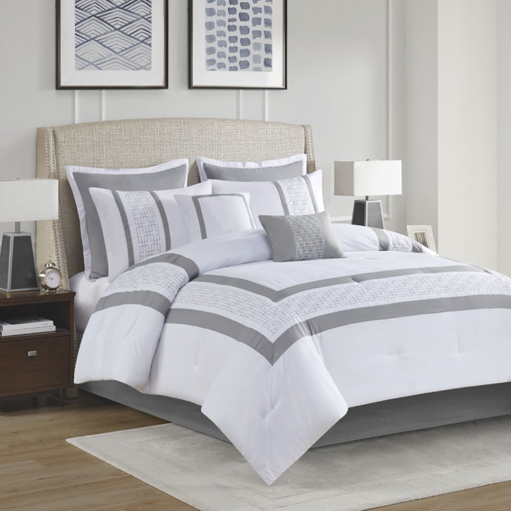California King White Microfiber 8-Piece Embroidered Comforter Set