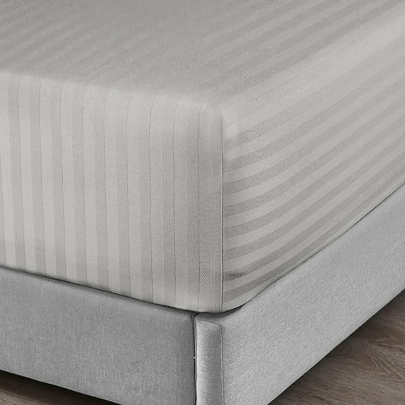 Cal King Size Fitted Sheet 1 Piece - 400 Thread Count - 100% Egyptian Cotton - 14" Deep Pocket Fully Elastic Sheet - Light Grey Stripe.