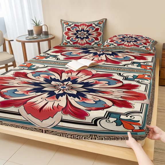 Cal.King Size Fitted Sheet Set - Abstract Flower, 3 Piece Bedding Sets 16" Deep Pocket Fitted Sheet with 2 Pillowcases, Geometric Boho Traditional Oriental Tribal Brushed Microfiber Hotel Bed Sheets