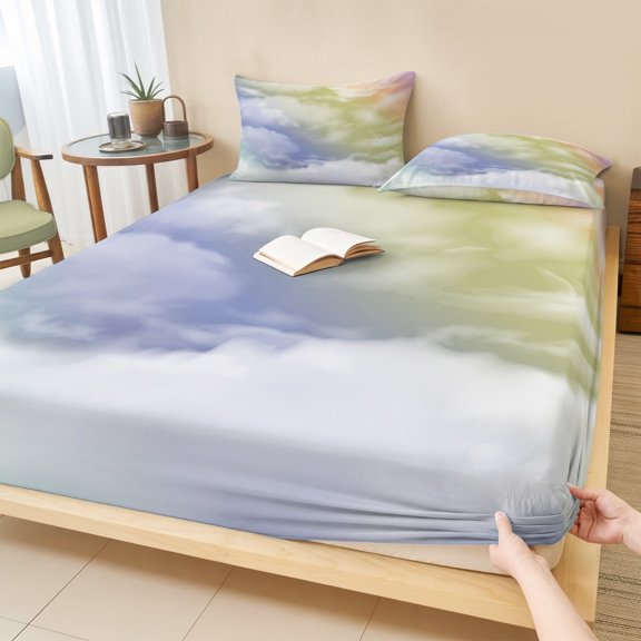 Cal.King Size Fitted Sheet Set - Abstract Ombre Clouds, 3 Piece Bedding Sets 16" Deep Pocket Fitted Sheet with 2 Pillowcases, Colorful Minimalistic Gradient Aesthetic Sky Microfiber Hotel Bed Sheets