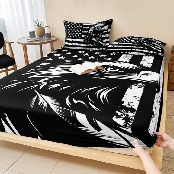 Cal.King Size Fitted Sheet Set - American Flag 3 Piece Bedding Sets 16" Deep Pocket Fitted Sheet with 2 Pillowcases, Black US Flag Eagle Brushed Microfiber Hotel Luxury Bed Sheets