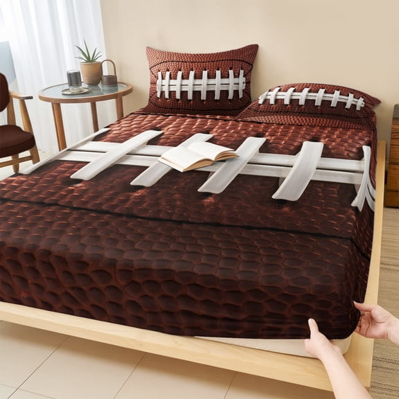 Cal.King Size Fitted Sheet Set - American Football Laces 3 Piece Bedding Sets 16" Deep Pocket Fitted Sheet with 2 Pillowcases, Classic Rugby Sports Brushed Microfiber Hotel Luxury Bed Sheets