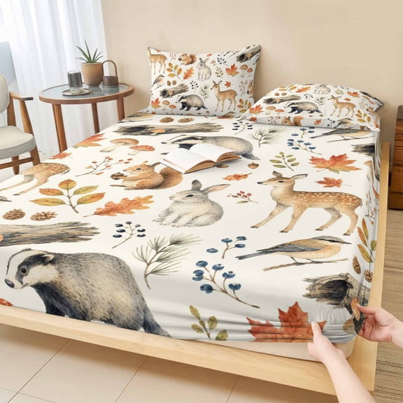 Cal.King Size Fitted Sheet Set - Animals Fall 3 Piece Bedding Sets 16" Deep Pocket Fitted Sheet with 2 Pillowcases, Thanksgiving Deer Squirrel Leaves Pine Cones Brushed Microfiber Hotel Bed Sheets