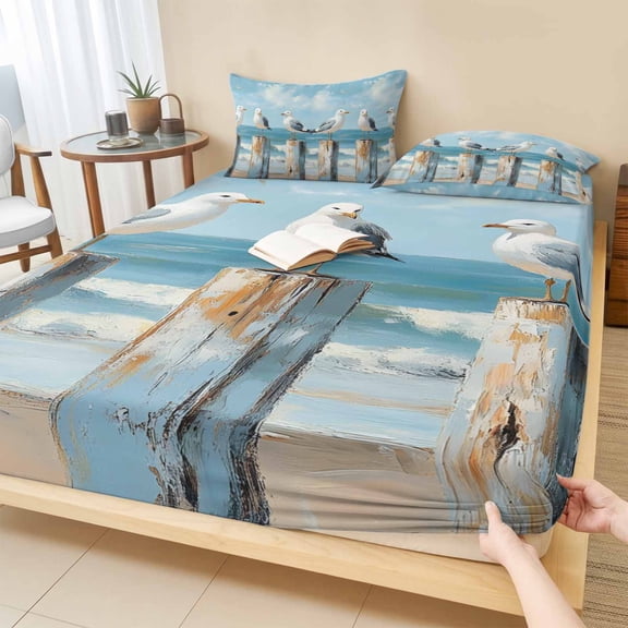 Cal.King Size Fitted Sheet Set - Beach Seagull 3 Piece Bedding Sets 16" Deep Pocket Fitted Sheet with 2 Pillowcases, Birds Rustic Wood Watercolor Painted Brushed Microfiber Hotel Luxury Bed Sheets