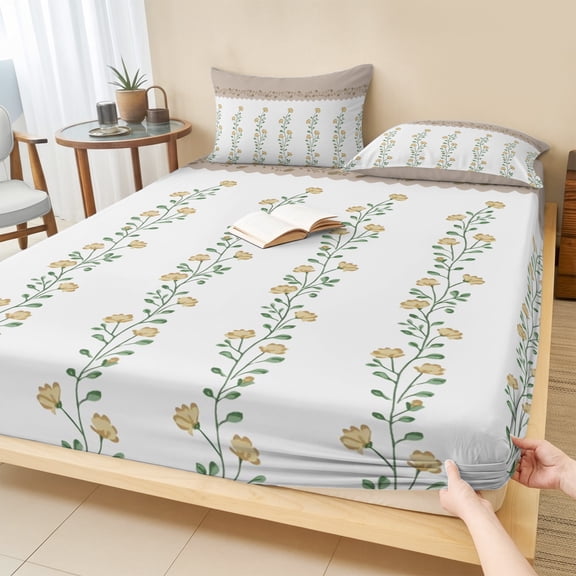 Cal.King Size Fitted Sheet Set - Beige Floral 3 Piece Bedding Sets 16" Deep Pocket Fitted Sheet with 2 Pillowcases, Spring Summer Botanical Flowers Brushed Microfiber Hotel Luxury Bed Sheets