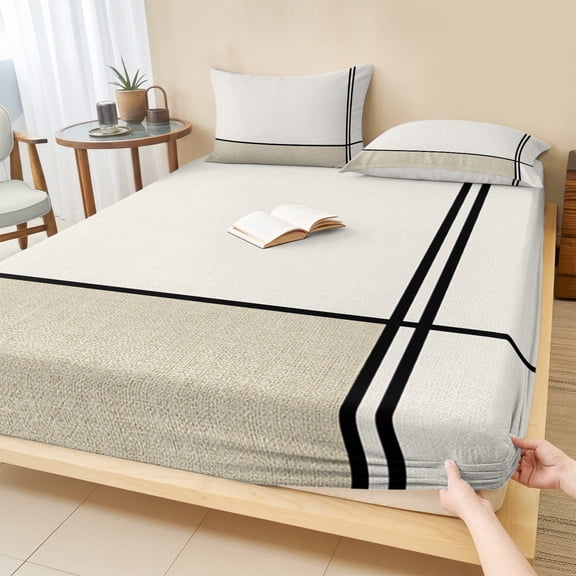 Cal.King Size Fitted Sheet Set - Beige Geometric 3 Piece Bedding Sets 16" Deep Pocket Fitted Sheet with 2 Pillowcases, Modern Color Block Black Lines Abstract Art Brushed Microfiber Hotel Bed Sheets