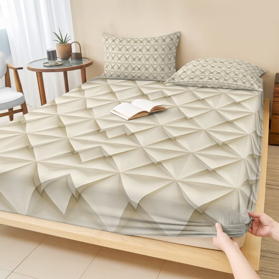 Cal.King Size Fitted Sheet Set - Beige Geometric 3 Piece Bedding Sets 16" Deep Pocket Fitted Sheet with 2 Pillowcases, Simplistic Chic Rustic Hexagon Pattern Brushed Microfiber Hotel Bed Sheets