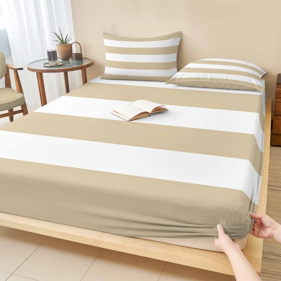 Cal.King Size Fitted Sheet Set - Beige White Striped 3 Piece Bedding Sets 16" Deep Pocket Fitted Sheet with 2 Pillowcases, Modern Beige Stripes Farmhouse Brushed Microfiber Hotel Luxury Bed Sheets