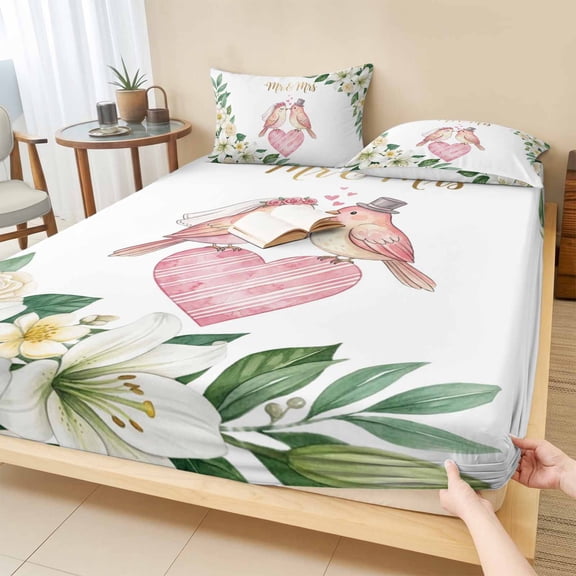 Cal.King Size Fitted Sheet Set - Birds Flowers 3 Piece Bedding Sets 16" Deep Pocket Fitted Sheet with 2 Pillowcases, Spring Wedding Love Heart Botanical Leaf Brushed Microfiber Hotel Bed Sheets
