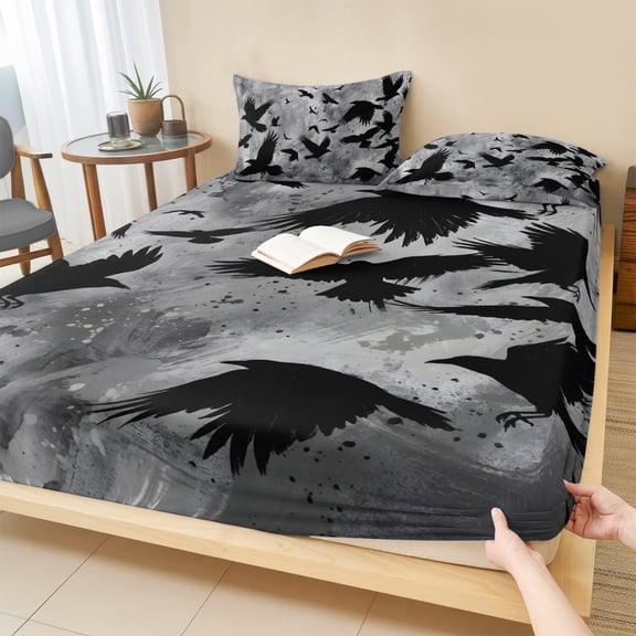 Cal.King Size Fitted Sheet Set - Black Crow Birds 3 Piece Bedding Sets 16" Deep Pocket Fitted Sheet with 2 Pillowcases, Abstract Spooky Grey Sky Wings Brushed Microfiber Hotel Luxury Bed Sheets