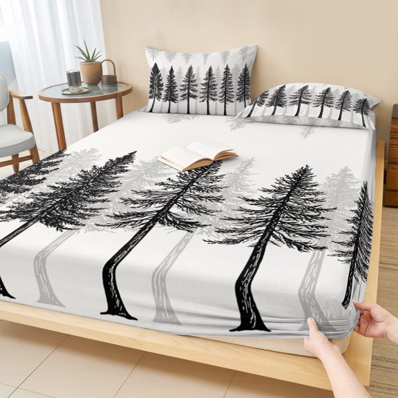 Cal.King Size Fitted Sheet Set - Black Grey Trees 3 Piece Bedding Sets 16" Deep Pocket Fitted Sheet with 2 Pillowcases, Pine Trees Forest Landscape Rustic Brushed Microfiber Hotel Luxury Bed Sheets