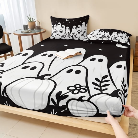Cal.King Size Fitted Sheet Set - Black Halloween 3 Piece Bedding Sets 16" Deep Pocket Fitted Sheet with 2 Pillowcases, White Ghost Pumpkins Spooky Brushed Microfiber Hotel Luxury Bed Sheets