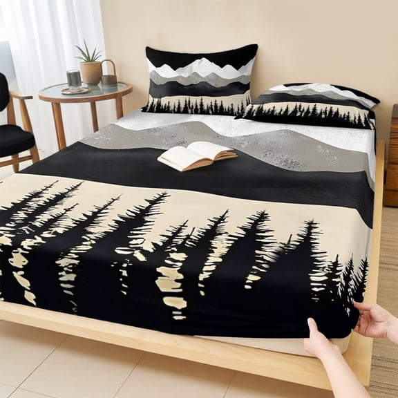 Cal.King Size Fitted Sheet Set - Black Mountain 3 Piece Bedding Sets 16" Deep Pocket Fitted Sheet with 2 Pillowcases, Peaks Landscape Forest Tree Brushed Microfiber Hotel Luxury Bed Sheets
