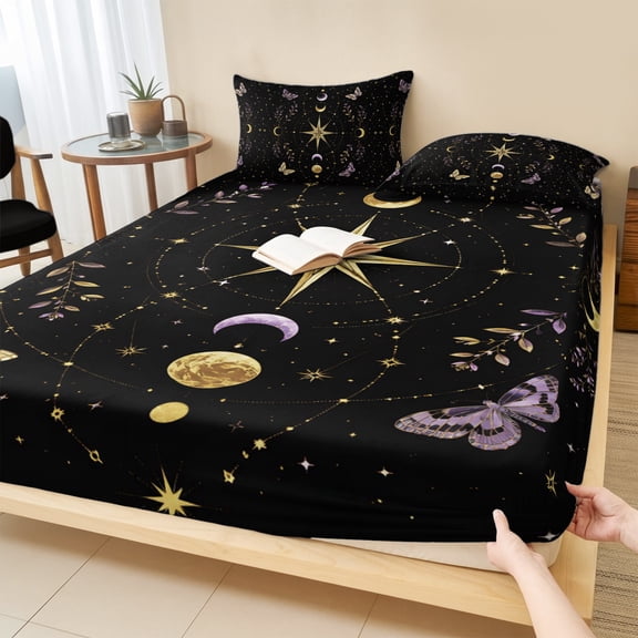 Cal.King Size Fitted Sheet Set - Black Night Sky 3 Piece Bedding Sets 16" Deep Pocket Fitted Sheet with 2 Pillowcases, Golden Moon Star Purple Leaves Butterfly Brushed Microfiber Hotel Bed Sheets