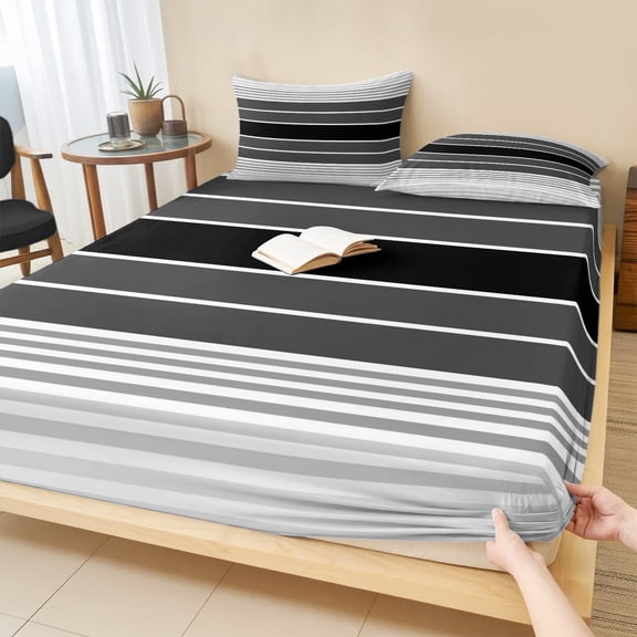 Cal.King Size Fitted Sheet Set - Black Stripe 3 Piece Bedding Sets 16" Deep Pocket Fitted Sheet with 2 Pillowcases, Modern Art Black Grey Ombre Striped Brushed Microfiber Hotel Luxury Bed Sheets