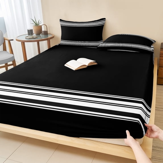Cal.King Size Fitted Sheet Set - Black Striped 3 Piece Bedding Sets 16" Deep Pocket Fitted Sheet with 2 Pillowcases, Farmhouse Black White Stripes Brushed Microfiber Hotel Luxury Bed Sheets